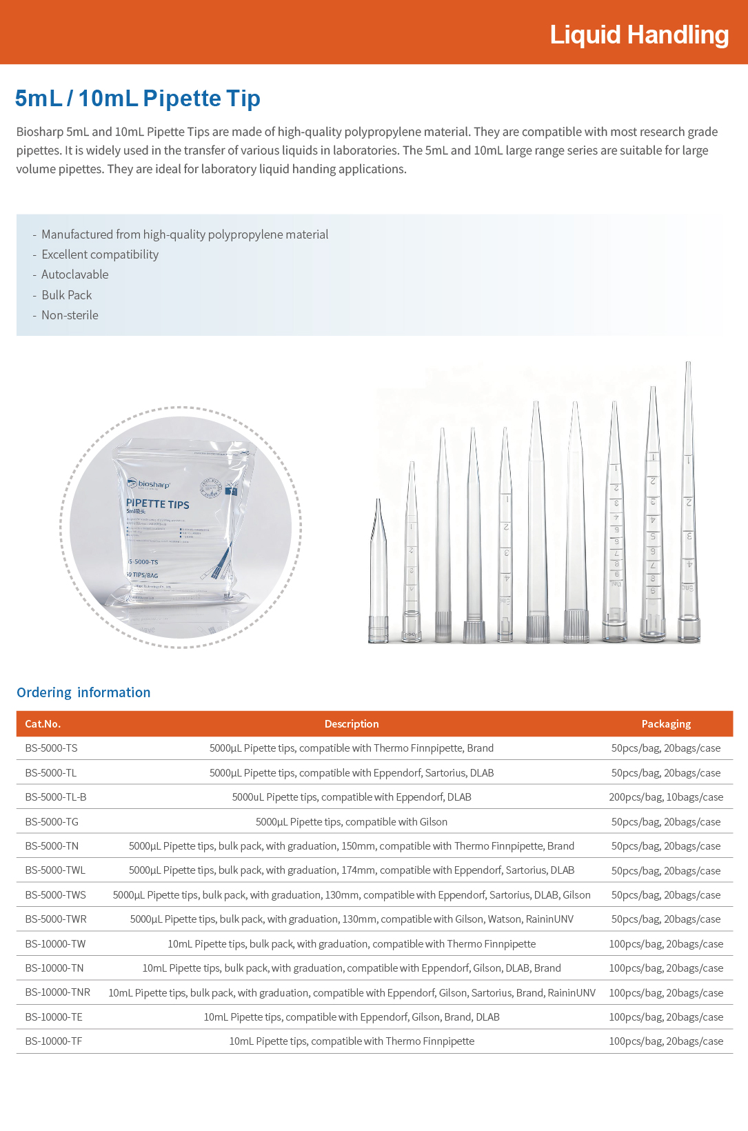 BS-10000-TE 10ml bagged tips (compatible with Eppendorf, Gilson ...